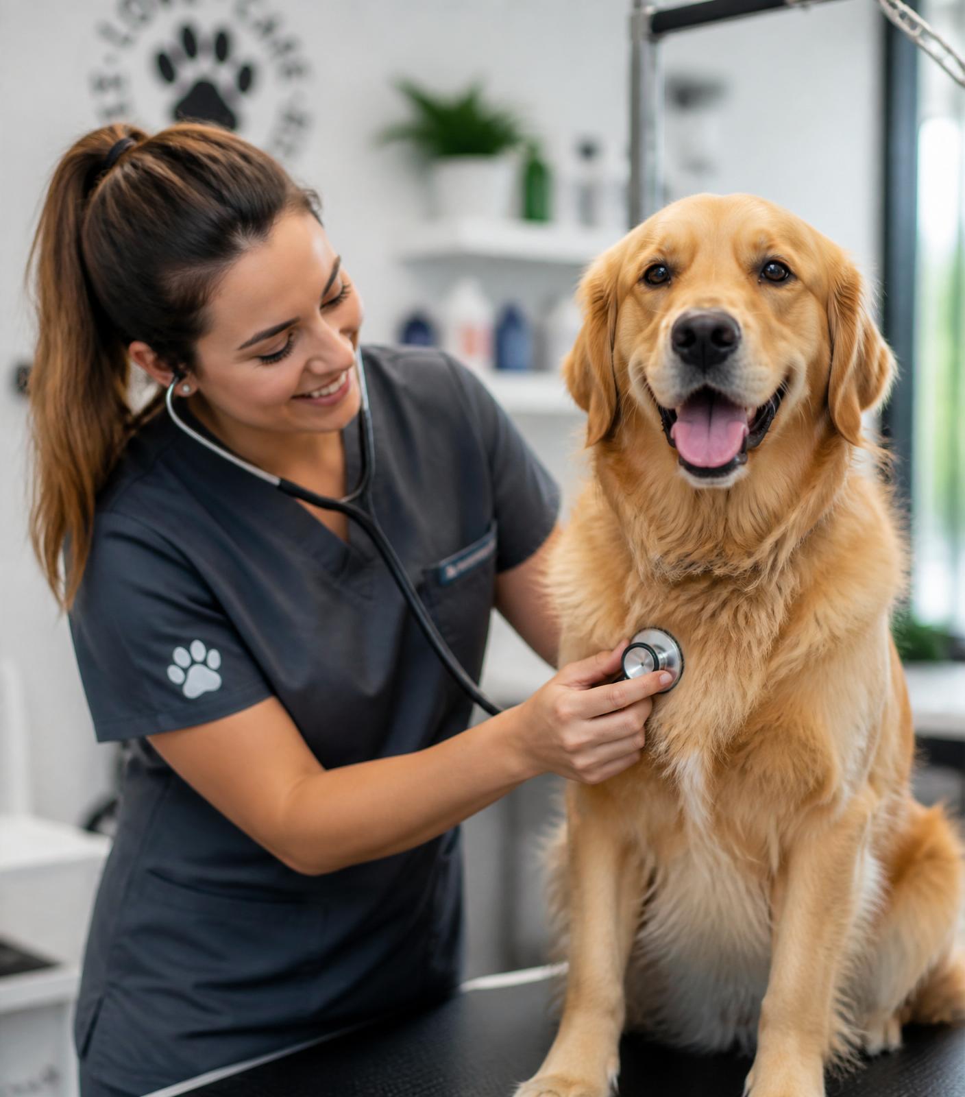 Dierendeskundige verzorgt een blije hond
